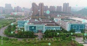 Smart factory top view. Connection between partners. business communications. Flying over a modern factory. Visualization of communication between business partners