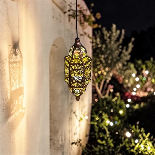Moroccan Solar Lantern, Hanging Outdoor Garden Light, Iron Waterproof Lantern, Warm Yellow LED Patio Decor, Boho Hanging Light - Etsy