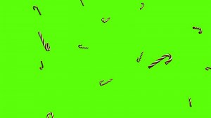 Candy canes background. Falling candy canes over green screen or chroma key. Rain of candy canes across the screen.