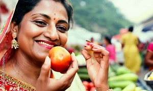 Indian Woman Enjoying Fresh Produce at Farmers' Market