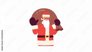 Merry Christmas Santa Claus greeting 2D character animation. Saint Nicholas costume flat cartoon 4K video, transparent alpha channel. Holding presents bag Santa animated person on white background Stock Video