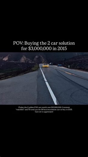 110K views · 2.2K reactions | POV: Buying the 2 car solution for $3,000,000 in 2015. Today the 2 yellow F50’s are worth over $13,000,000. Comment “watchlist” and I’ll send you the 50 best investment cars to buy in 2025. Cars set to appreciate. | Autofolio | Facebook