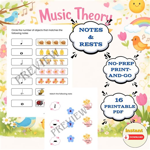 Music Theory Worksheets Spring: Notes and Rests - Etsy