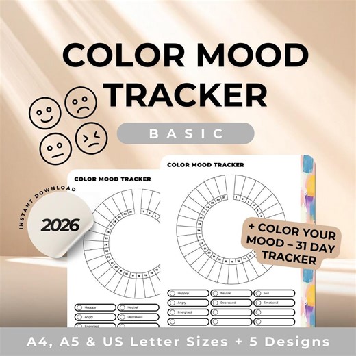 Color Mood Tracker Printable, 31 Day Chart, Mental Health Planner (Instant Download)