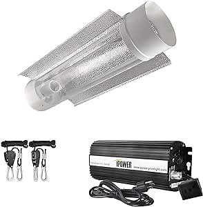 iPower 6 Inch Cool Tube Reflector Hood and 1000W Digital Dimmable Electronic Ballast 8 Feet Rope Hanger Combo Set for Hydroponic HPS/MH Grow Light System