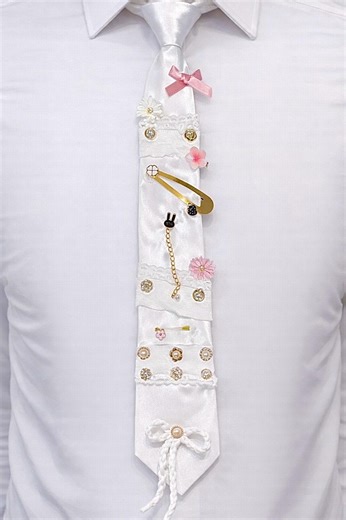 White Satin Tie With Black Accents, Coquette Embellished Necktie, Lace Pearl Floral Tie, Handmade Statement Tie, Feminine Vintage Accessory - Etsy