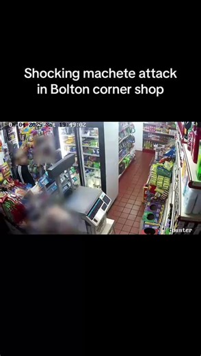 This is the horrifying moment a thug violently attacks two men with a huge machete in a corner shop - as terrified children run for cover. Full story in comments | Bolton News