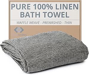 Pure 100% Linen Bath Towel - Quick Dry Towels for Travel Lightweight Waffle Towels for Bathroom 30 x 60-inch - Luxury Black-Natural Thin Hair Towel for Gym or Sauna - Sustainable Bath Sheet