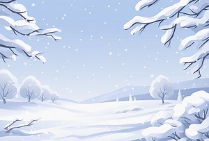 A winter landscape with snowy branches in the foreground and trees,...