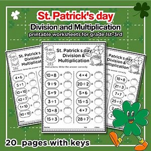 St. Patrick’s Day Math, Division & Multiplication Worksheets for Grades 1-3