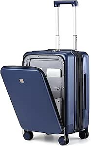 Hanke Grace Expandable Carry On Luggage with Wheels Airline Approved Hard Shell Suitcases with Front Pocket，Top Opening Luggage with TSA Lock for Short Business Travel, Dark Blue.