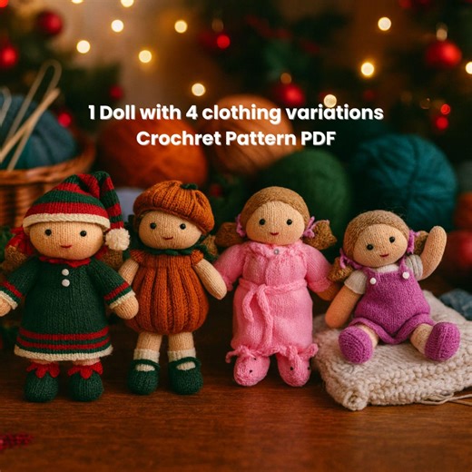 Knitted Doll Pattern With 4 Outfit Variations, Sleepwear, Dress, Christmas Clothes, Pumpkin Halloween Outfit, PDF Knitting Tutorial - Etsy