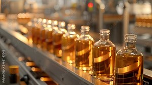 Bottles filled with liquid on factory conveyor belt ready for labeling. Concept Manufacturing Process, Factory Automation, Product Labeling, Liquid Bottling, Conveyor Belt System