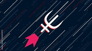 Vidéo Stock Astrological neptune symbol flies through the universe on a jet propulsion. The symbol in the center is shaking due to high speed. Seamless looped 4k animation on dark blue background with stars