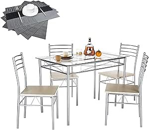 VECELO Kitchen Dining Table Sets for 4, 5 Piece Small Dinette with Chairs, Burnished Silver