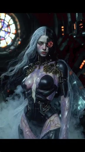 A haunting fusion of Guillermo del Toro dark fantasy and Ghost in the Shell cybernetic style. A breathtakingly beautiful cyborg woman with long flowing silver hair, pale organic skin merging into sleek matte-black cybernetic plating and brass-gold mechanical details. Glowing red cybernetic eye, subtle blue circuitry veins across her voluptuous form. She stands in a vast, abandoned gothic cathedral with cracked stained-glass windows casting colorful light, rusted machinery, drifting cryogenic mis