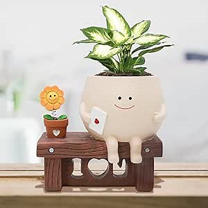 LAUGOKEBE Cute Smiley Face Planter for Indoor Outdoor with Drainage Hole | Unique Sunflower Plant Pots, Resin Small Flower Pot, Funny Sit Chair Succulent Pots, Gift for Mother Teacher Christmas