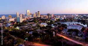 4K Aerial Wide Video of Downtown St Petersburg, FL Skyline and Mirror Lake