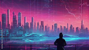 Synthwave tech Digital Pulse: Vibrant Synthwave Waves Visualizing Market Data ,Generative AI - Seamless loop animation, created using AI Generative Technology