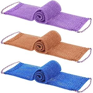 Tegeme 3 Pcs African Exfoliating Net Sponges Bath Back Scrubbers Long with Pull Strap Exfoliating Smoother Nylon Body Shower Loofahs Cloth for Women Men Daily Handles Washcloth Wash Purple Blue Coffee