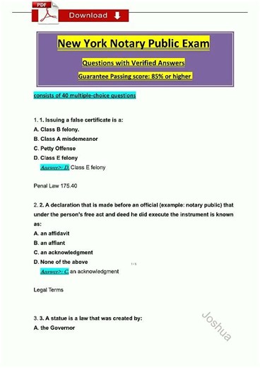 New York Notary Public Exam Questions Latest 2025 2026 with Revised Correct Answers A Guarantee639 v