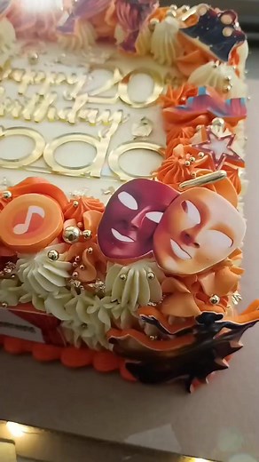 20th Birthday Celebration for klpac. Orange & White color combinations as requested by the client, their corporate colors. Theatre/Arts theme. Moist Chocolate Cake with Vanilla Swiss Meringue Butter. #customcake #humblebakesbymm | Nurakma Ghazali