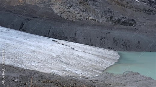 Scenic view of the Athabasca Glacier filmed from a moving Ice Explorer vehicle in the Columbia Icefield, Alberta, Canada, between Banff and Jasper National Parks.