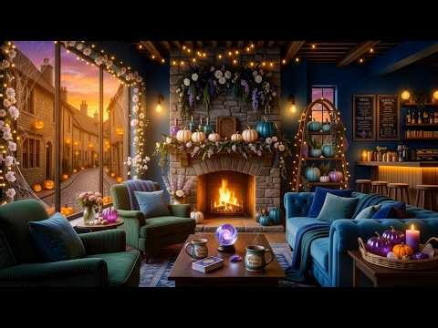 10-Hour Cozy Witch Cafe Ambiance 🎃 Halloween Day & Night Cycle, Rain & Fireplace