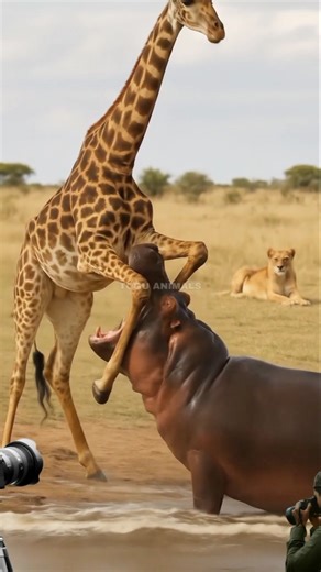 “Giraffe vs Hippo Showdown Caught on Camera! 😱🐾”