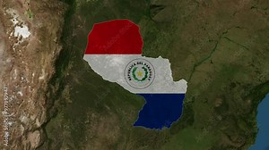 Zoom from Earth to Paraguay. (Country Flag) World map animation with highlighted borders of countries. Images from NASA