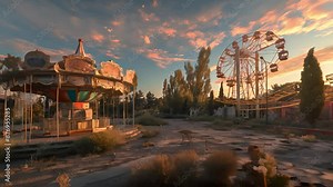 The carousel in abandoned carnival, Abandoned amusement park, Carnival with a ferris wheel