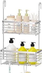 DELLAN Hanging Shower Organizer, 2-Tier Shower Rack with Hooks Over the Door, Bathroom Shower Caddy and Basket
