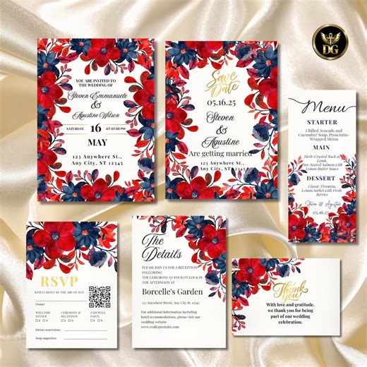 Elegant Red & Blue Flora Wedding Invitation Set, 6 Card Bundle Printable Wedding Invite Suite, RSVP, Details, Menu, Thank You, Save the Date - Etsy