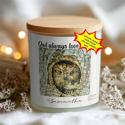 Sentimental Owl Soy Candle, Watercolor Wildlife Art, Personalized | Frosted Glass | Gift Box Included - Etsy