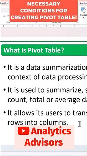 Necessary conditions to be followed before creating a Pivot Table! #shorts