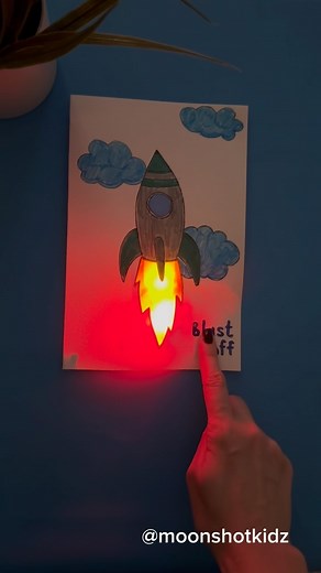 DIY electronics, stem and science activities for beginners on Instagram: "DIY “Blast off” interactive card. Easy and fun paper electronics project for beginners. You will need: - 2 LED diodes - Conductive copper tape - Coin cell battery 3v (CR2032) - Paper - Tracing paper - Markers Warning: this project should be done under adult supervision. #stemteacher #stemeducation #stemlearning #stemactivities #papercircuit #papercrafts #interactiveart #scienceteacher #scienceproject #spaceart #spacecraft"