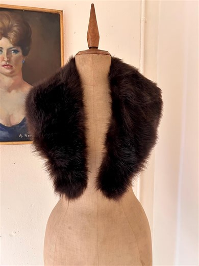 Vintage Dark Brown Fox Fur Stole Collar Wrap Shawl