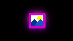 Download Animation of stylized landscape icon with mountains and a sun, framed in pink, set against a black background, evoking a sense of digital art for free