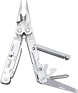 SOG Specialty Knives & Tools S67-L Power Assist EOD Multi Tool with Full Serrated Steel Blade and Leather Sheath 14-Tools Combined, Satin Finish