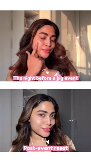 Chaitra Poojary on Instagram: "Comment down for links! Big event coming up? Save this - your skin will thank you later ✨ I follow a simple pre-event + post-event skin reset to keep my skin looking plump, calm and glowy (without stressing it out). Pre-event night: Think cooling, pore-prepping and that firm, bouncy glow so makeup sits smoothly and lasts longer 💫 Post-event reset: All about calming, barrier repair and deep hydration to undo long hours, makeup and late nights 🤍 Same routine, diffe