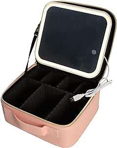 Lighted makeup case with mirror Waterproof Leather travel portable Cosmetic Storage Box with Adjustable large LED (Pink)