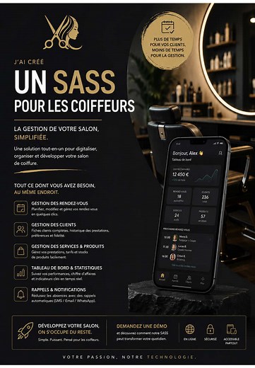J’ai créé un SaaS pensé spécialement pour les salons de coiffure 💈✂️ ✅ Gestion des rendez-vous ✅ Suivi des clients ✅ Rappels automatiques WhatsApp/SMS ✅ Gestion des produits & services ✅ Tableau de bord professionnel Tout ça dans UNE seule application 📱🔥 Le but ? Vous faire gagner du temps, attirer plus de clients et développer votre salon facilement. 💼💰 Les coiffeurs du futur sont déjà digitalisés… et vous ? 👀 #Coiffure #BarberShop #SalonDeCoiffure #SaaS