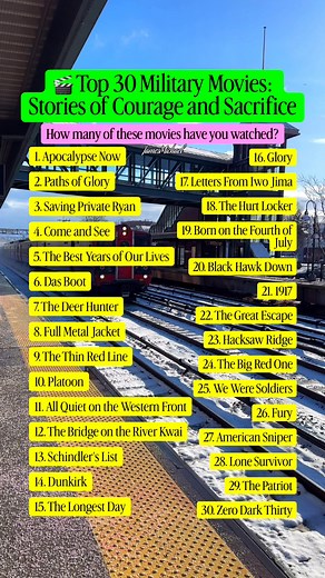 18 reactions · 15 comments | Which film truly captures the meaning of Courage and Sacrifice? 樂 The Top 30 Military Movies list is in. Is your favorite in the top 10? Scroll through and let us know! • #MilitaryMovies #WarFilms #Top30 #CircleRanks #FilmRanking #ApocalypseNow #SavingPrivateRyan #MovieNight | James Michael | Facebook
