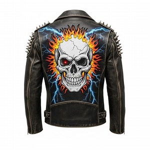 Distressed Leather Spiked Biker Jacket: Flaming Skull Back Patch - Etsy