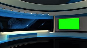 Tv studio. News room. Studio Background. Blue. Newsroom bakground. Loop animation. Backdrop for any green screen or chroma key video production. 3D rendering.