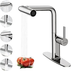 Waterfall Kitchen Faucet with Pull Down Sprayer, Hurran Kitchen Sink Faucets with 5 Spout Modes, 360° Swivel Single Handle Faucet with Deck Plate, Chrome