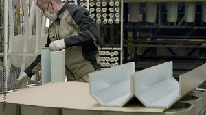 Medical Lamp Manufacturing Process. A Worker Wearing a Mask and gloves at a Factory is Picking up Multiple Metal Lamp Bases and Arranging them in order on the cardboard surface. Industrial Production.