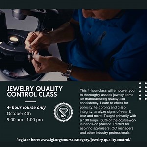 Join our in-person Jewelry Quality Control Class in NYC! FOUR HOURS, 9am-1pm | $250 This 4-hour class will empower you to thoroughly assess jewelry items for manufacturing quality and consistency. Learn to check for porosity, test prong and clasp integrity, analyze signs of wear and tear, and more. Perfect for aspiring appraisers, QC managers, and other industry professionals. • Expertly analyze jewelry from head to shank • Master critical QC assessment techniques • Spot porosity, • A 10X loupe 