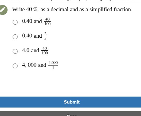 Write 40% as a decimal and as a simplified fraction.... | Filo