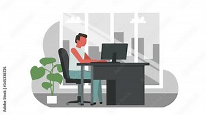 Stick Figure Color Pictogram Man Character Computer Works in Office Workplace Cartoon Animation